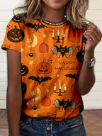 Unisex T‑shirt Happy Halloween Pumpkin Bat Spider Moon All Over Print Short Sleeve Crew Neck Summer Casual Tops Women Clothing