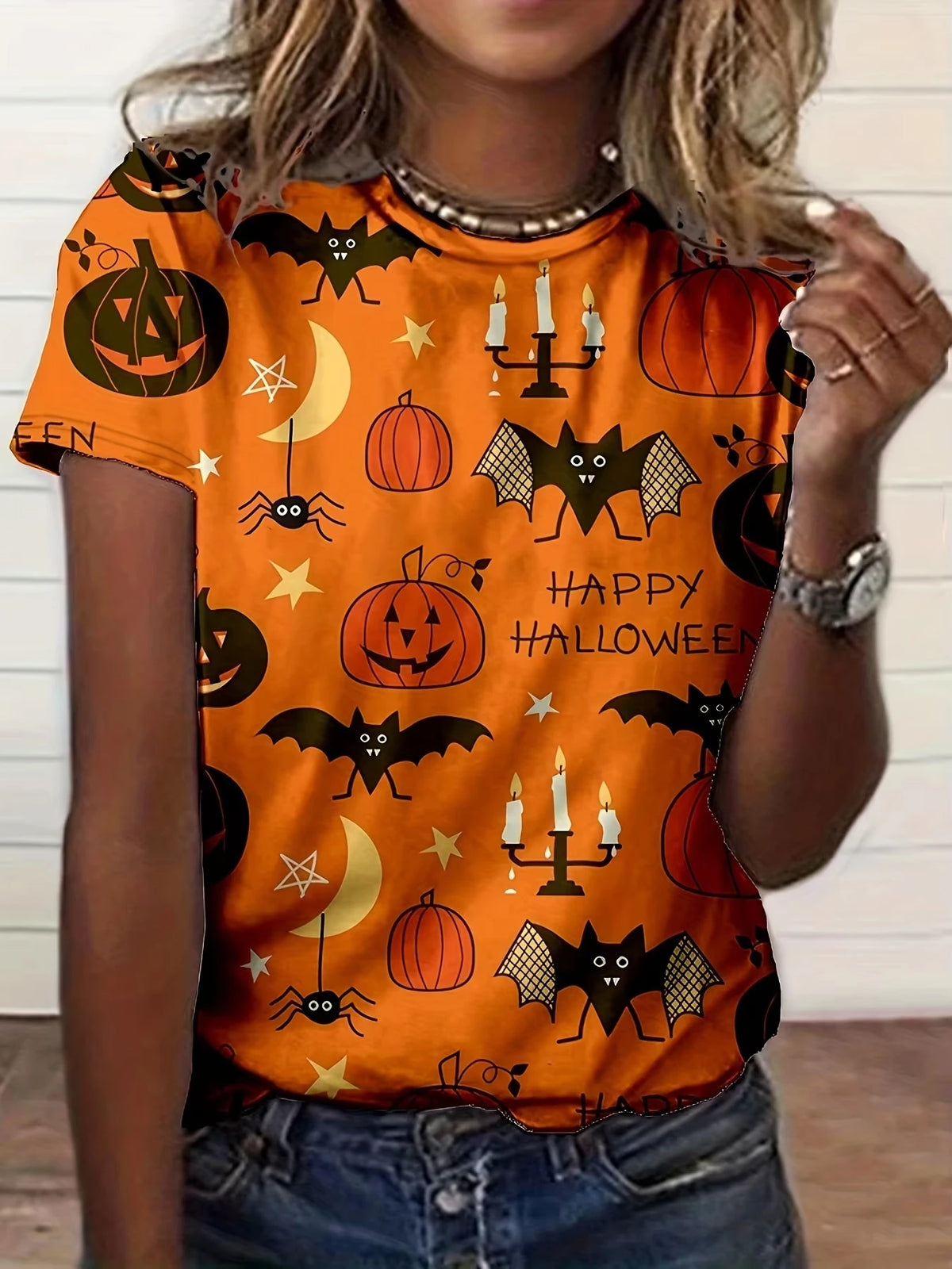 Unisex T‑shirt Happy Halloween Pumpkin Bat Spider Moon All Over Print Short Sleeve Crew Neck Summer Casual Tops Women Clothing