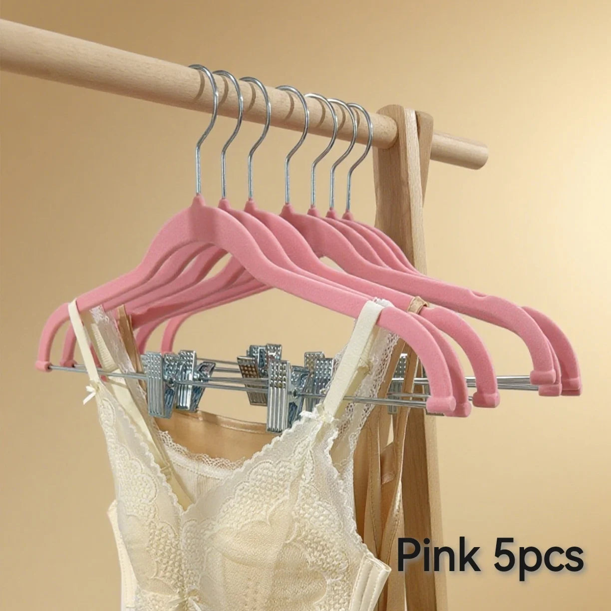 5/10 Pieces of Plastic Velvet-Coated Clothes Hangers, with Movable Strong Clips, Non-Slip and Anti-Fall, Suitable for Hanging Pants, Skirts, Bras, and Camisoles