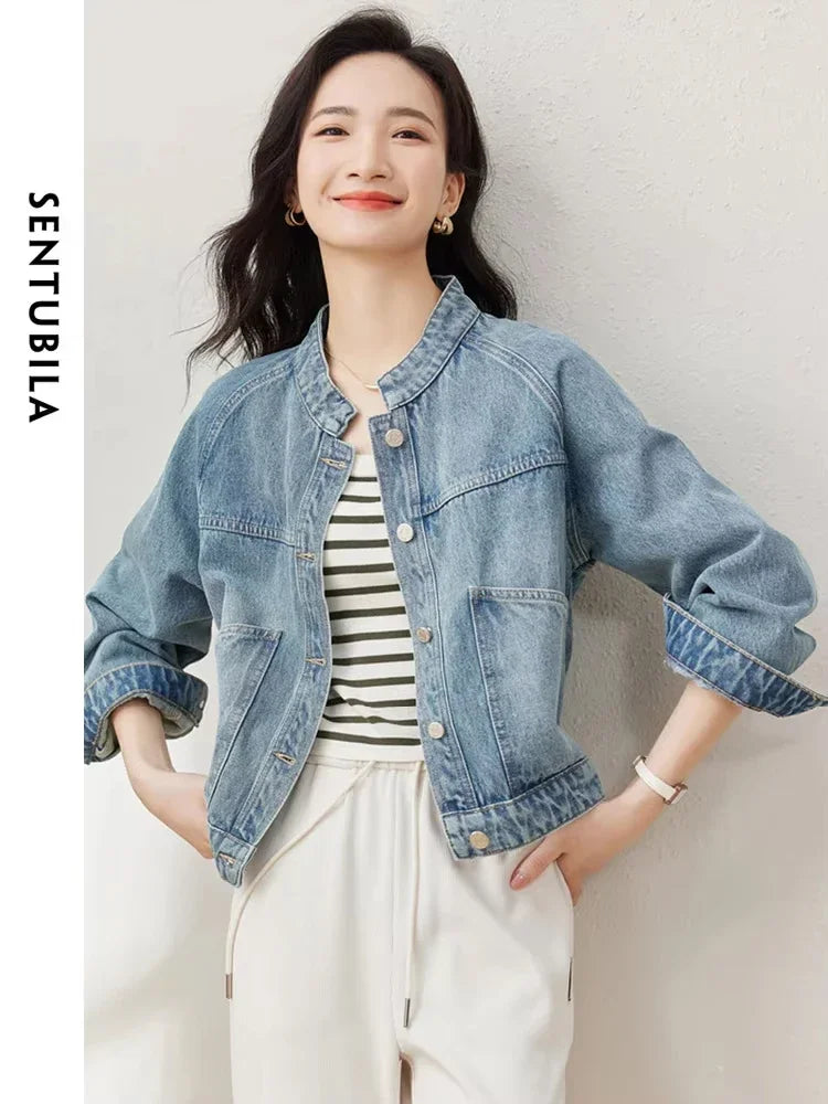 SENTUBILA Cropped Denim Jacket Coat For Women 2026 Spring Casual Stand Collar Long Sleeve Cotton Jeans Jackets Outwear W33W50369