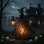 Halloween Witch Lantern LED Night Light Resin Statue Gothic Home Decor with Broom for Spooky Party