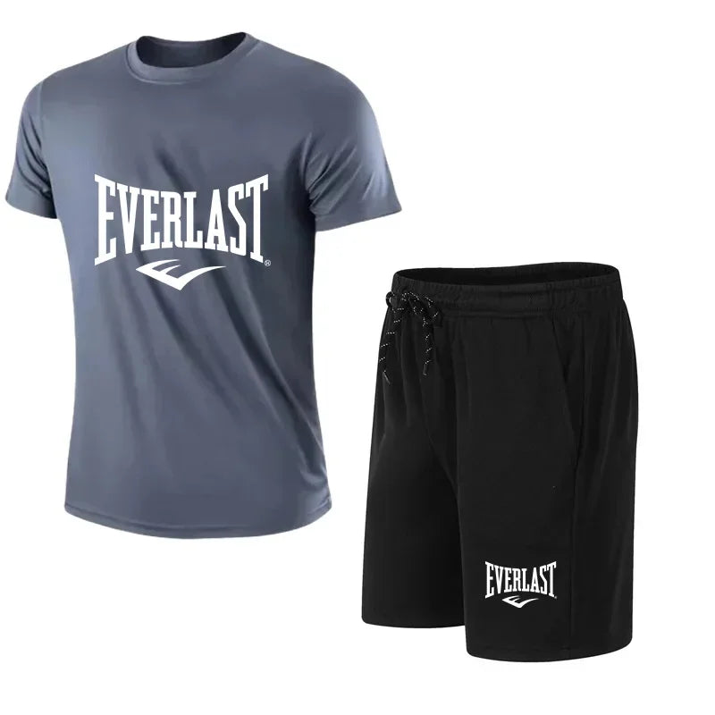 Men's T-shirt + Shorts 2-piece Set - Comfortable and Breathable Short-Sleeved Sporty Running Fitness Brand Printed Clothing