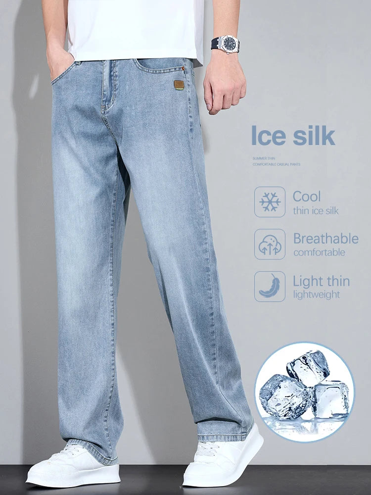 Lyocell Ice Silk Jeans Men's Fashion Korean Ultra-Thin Denim Pants Soft Drape Comfortable Business Straight Casual Trousers