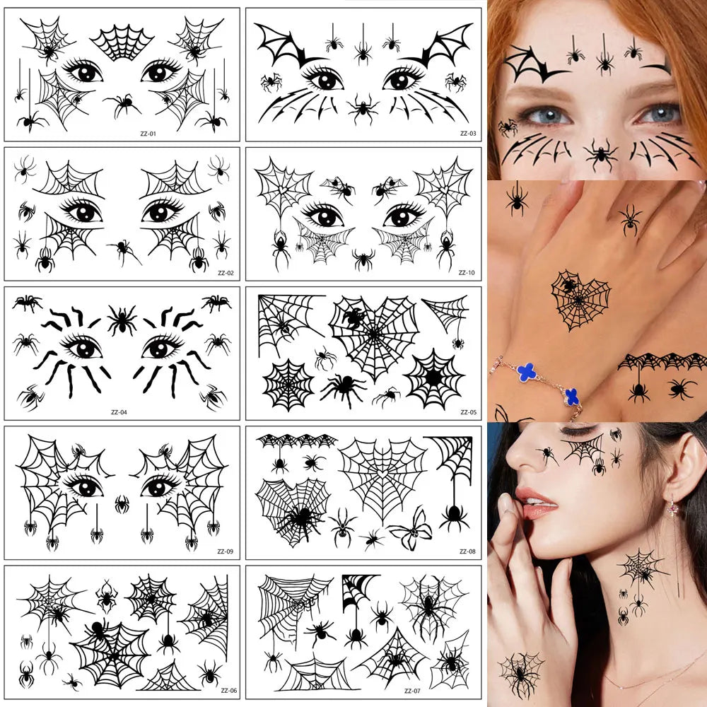 10 Sheets Halloween Eyebrow Stickers Spider Web Tattoo Stickers Body Makeup Waterproof Temporary Tattoo Halloween Fake Tattoo