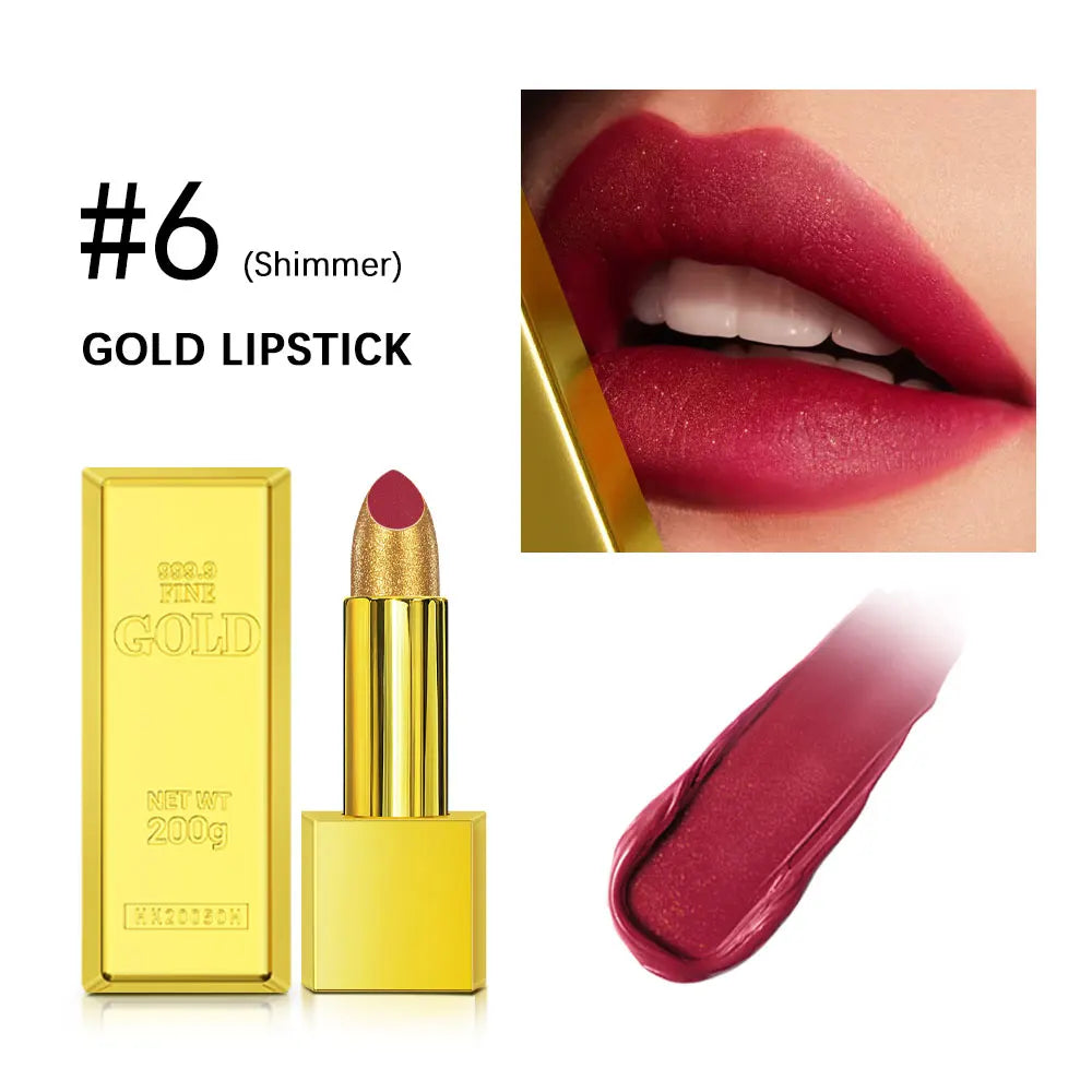 Glitter Sexy Lipstick Shimmer Gold Lipstick Long Lasting Waterproof Cosmetic Gold Brick Tube Valentine's Day Gift For Woman
