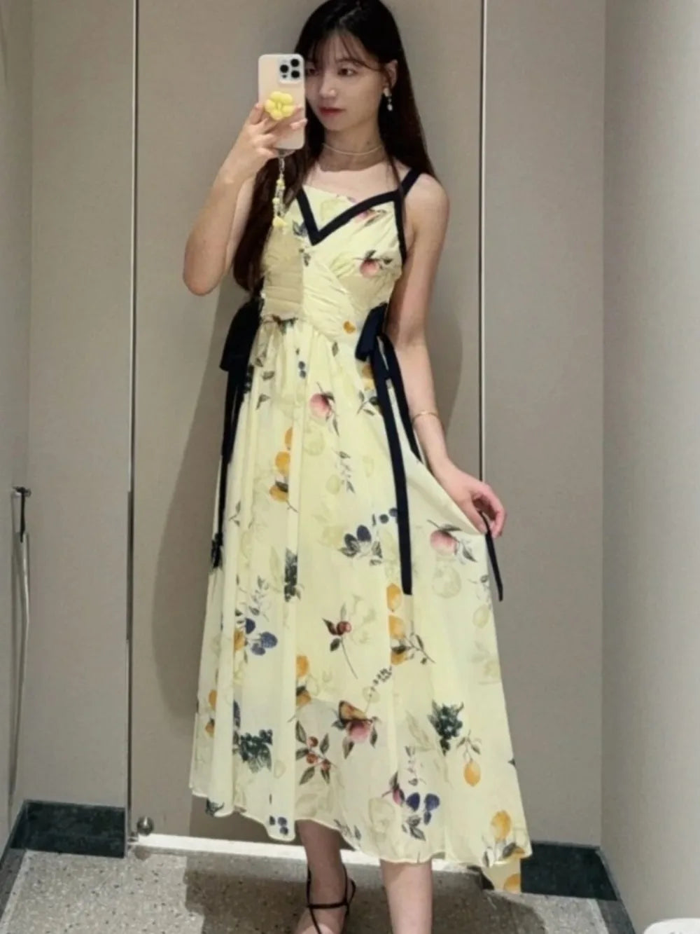Kuzuwata Luxury Elegant V Neck Sling Dress Print Slim Vest Big Swing Lace Up Ruched Panelled Robe Japan French Exquisite Mujer