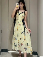Kuzuwata Luxury Elegant V Neck Sling Dress Print Slim Vest Big Swing Lace Up Ruched Panelled Robe Japan French Exquisite Mujer