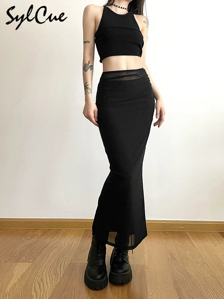 Sylcue Black Simple All-match Casual Commuter Summer Street Travel Cool Youth Vitality Tight Sexy High-elastic Women's Skirt