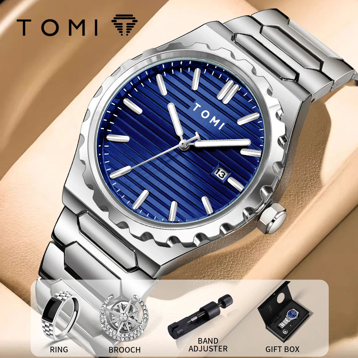 TOMI New 4PCS Luxury Men Watch Gift Set High Quality Steel Strip Striped Dial Calendar Men Quartz Watch Clock Gifts Reloj