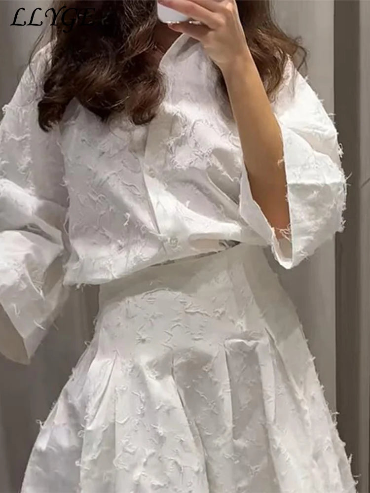 Elegant Fringe Skirts Sets 2 Pieces Women Lapel Buttons Long Sleeve Blouses Pleated A-line Long Skirts 2025 Summer Chic Outfits