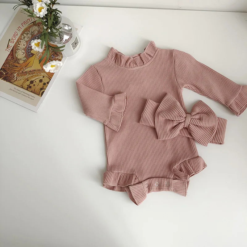 New Spring and Autumn Pit Stripe Rompers for Infants and Young Children Headband Set Girls Baby Bodysuits