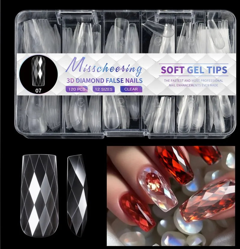 New 120/140pcs Square Almond Coffin Nail Extension Tips Natural Clear Full Cover Nails Dual Form 3D Diamond Soft Gel Nail Tips