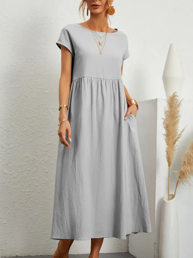 Dresses for Women  Cotton Linen Midi Casual  Short Sleeve Loose A-Line Sundress with Pockets  Solid Color Oversized Long Dress