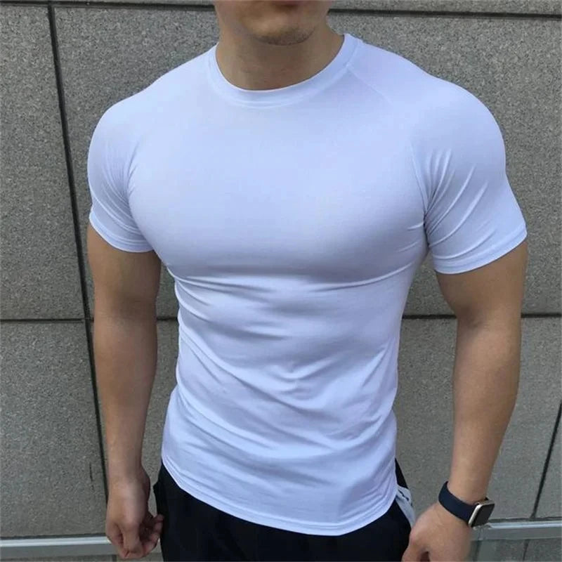 2024 New Men Summer Short Sleeve Fitness Shirt Running Sport Gym Compression T Shirt Workout Casual Elastic Force Tops Clothing
