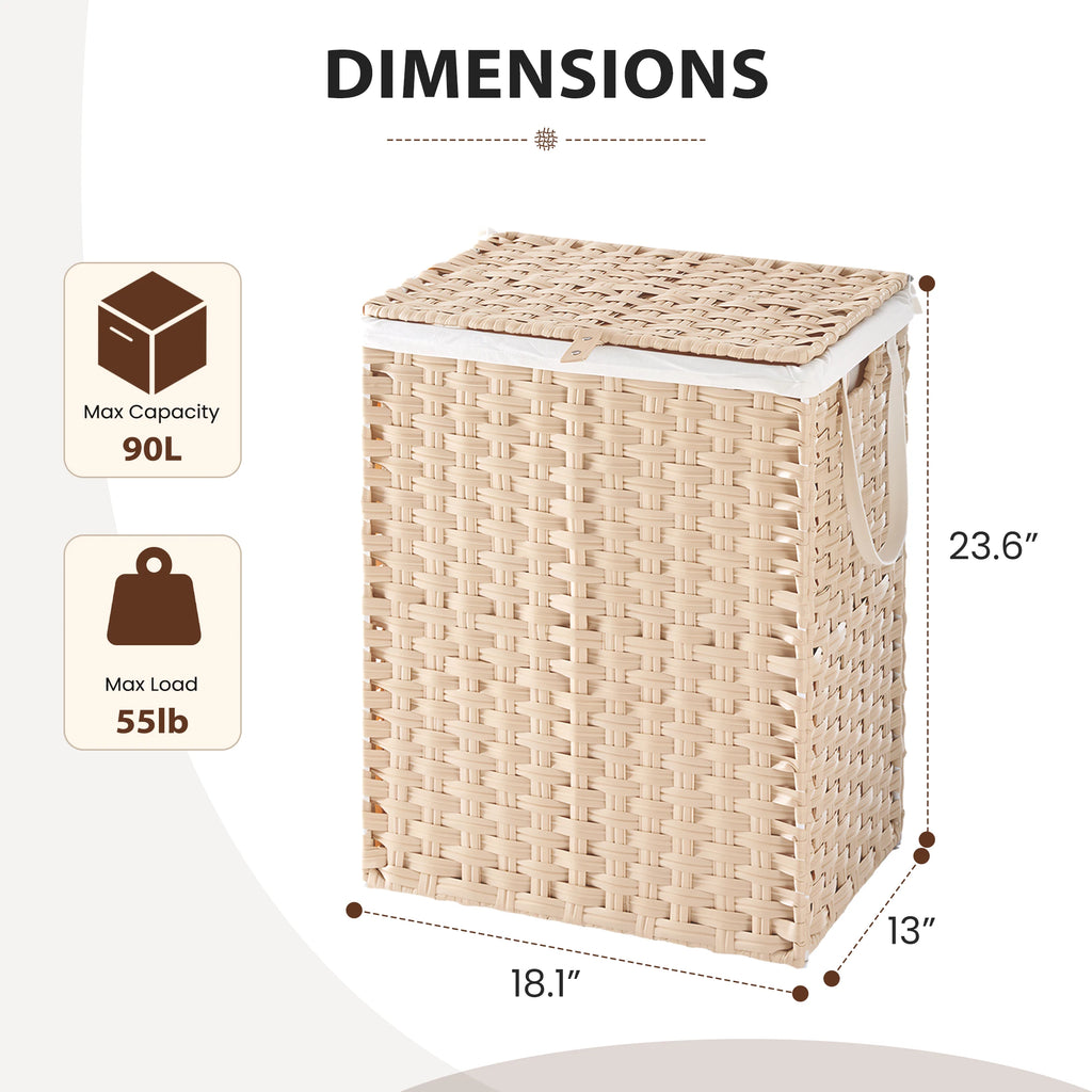JHK 90L Wicker Laundry Hampers with Lid Woven Clothes Hamper with Side Handles Sturdy Steel Frame Removable Liner Foldable Rattan Laundry Basket For Home