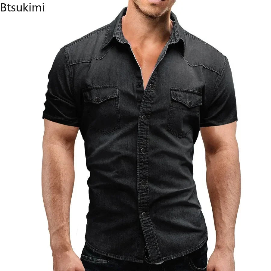 New 2026 Men's Denim Shirt Fashion Short Sleeve Soft Solid Slim Cowboy Tops Men Trend Streetwear Vintage Casual Cardigan T-shirt