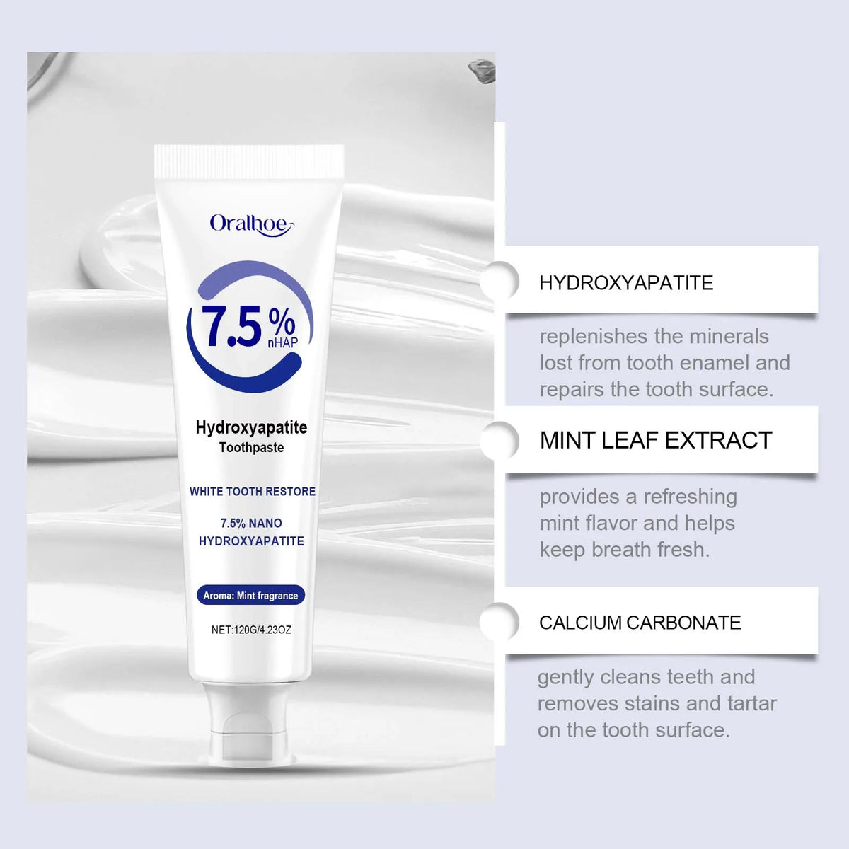 7.5% Hydroxyapatite Toothpaste for Enamel Protection, Formula with Gentle Mint, for Sensitive Teeth, Long-Lasting Fresh Breath