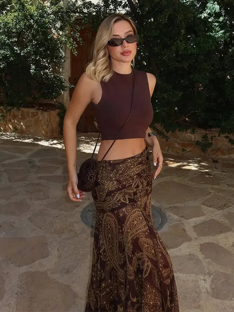Fashion Print Long Skirt Women High Waist Ankle-length Loose Swing Skirt 2025 Summer Fashion Female Vacation Streewear Outerwear