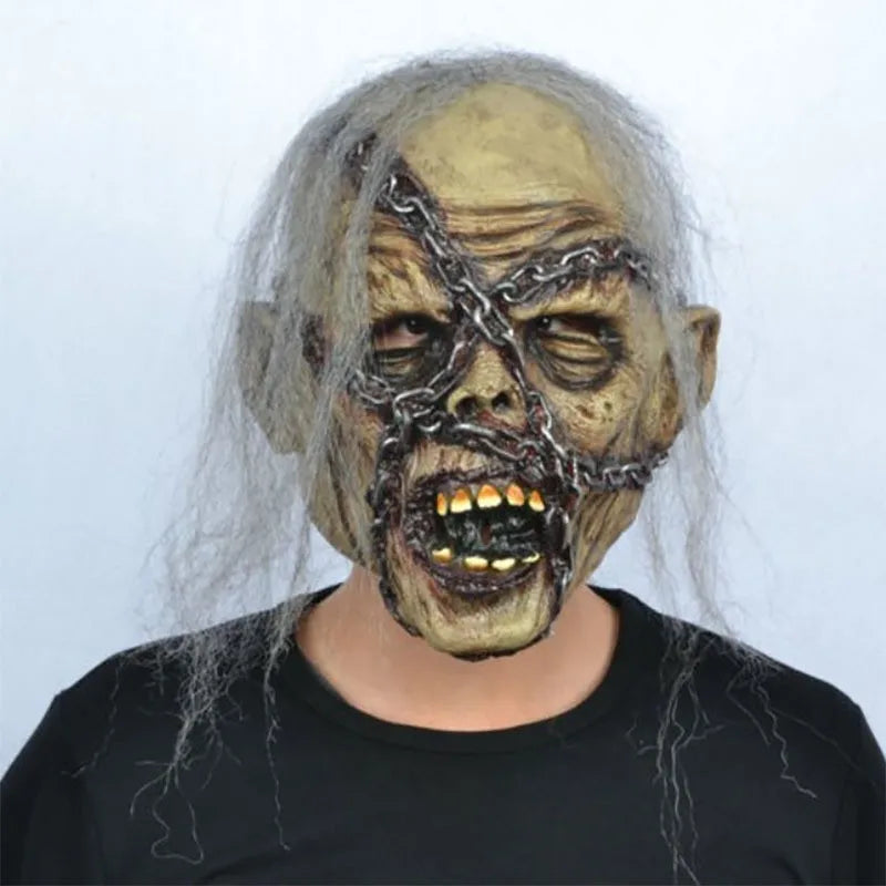 Scary Zombie Latex Mask with Chains & Hair Realistic Horror Corpse Mask Adult Unisex Halloween Cosplay Costume Props for Masquer