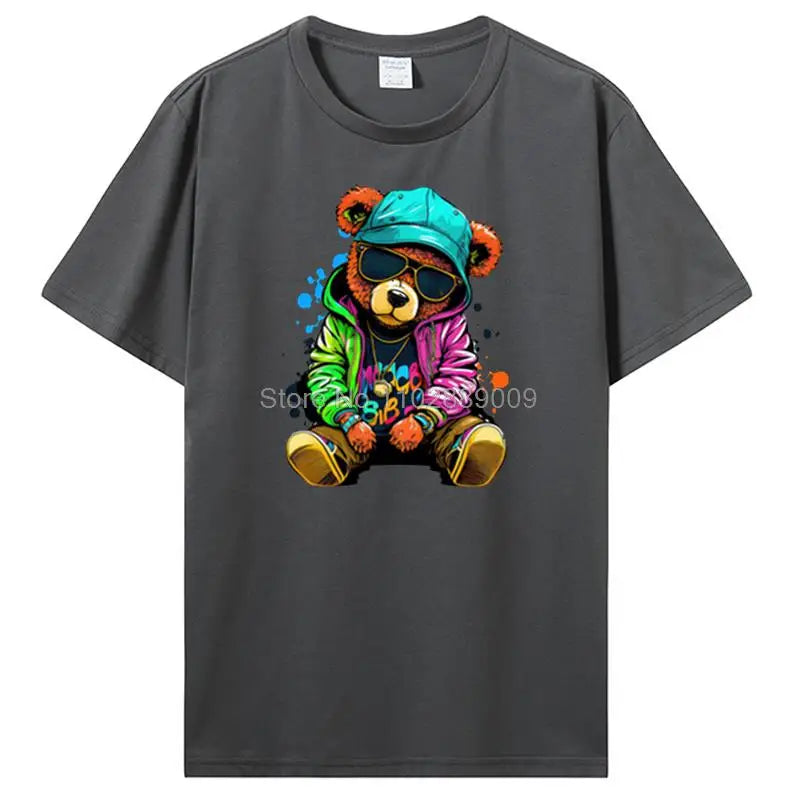 Teddy Bear Playing Badminton T-shirt Cotton Clothing Tops Graphics Kawaii Men Women Short Sleeve Print TShirt Tees