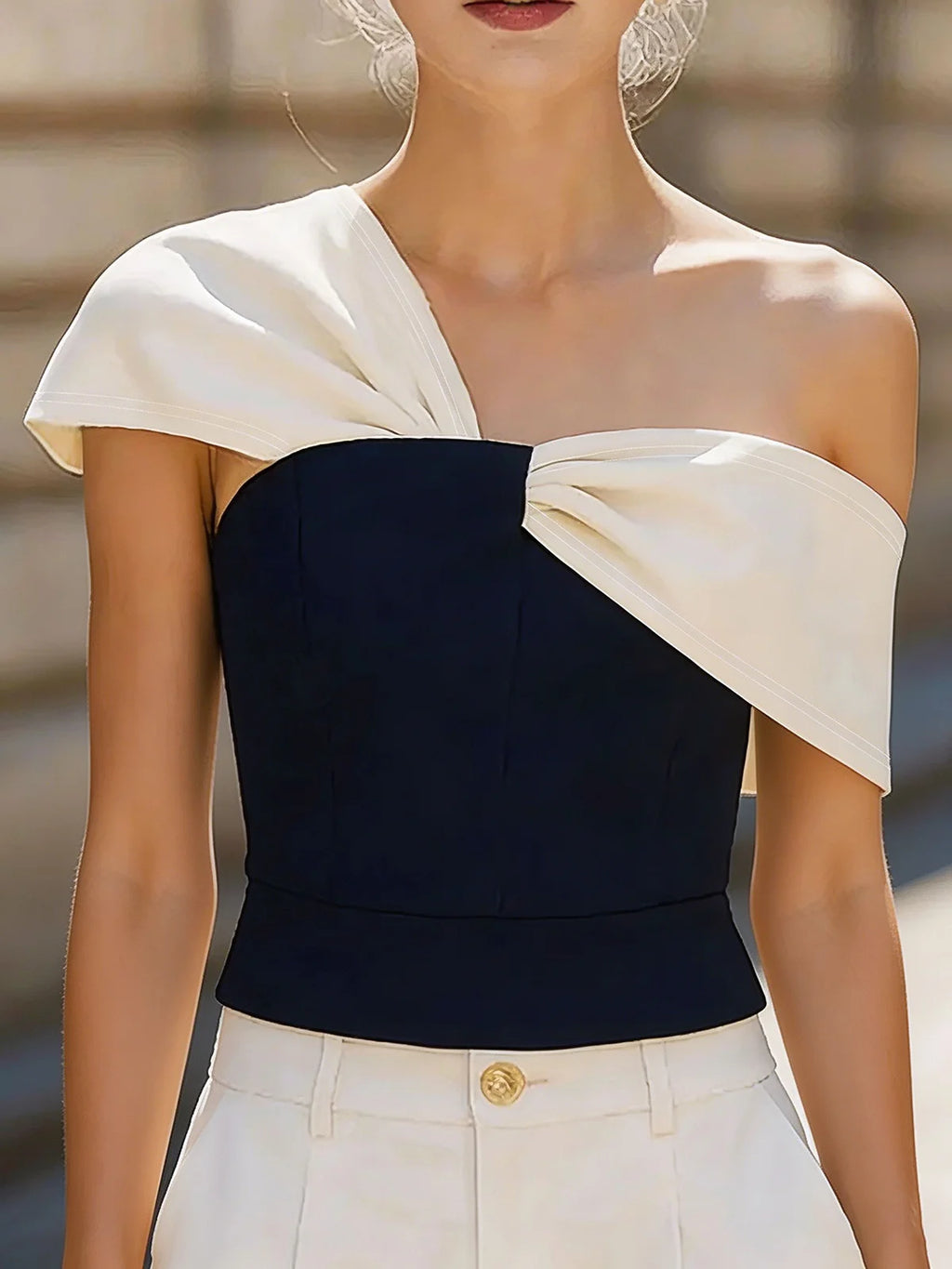 Chic One Shoulder Twisted Color Block Navy White Slim Fit Crop Blouse, Tube Top For Party & Daily Women