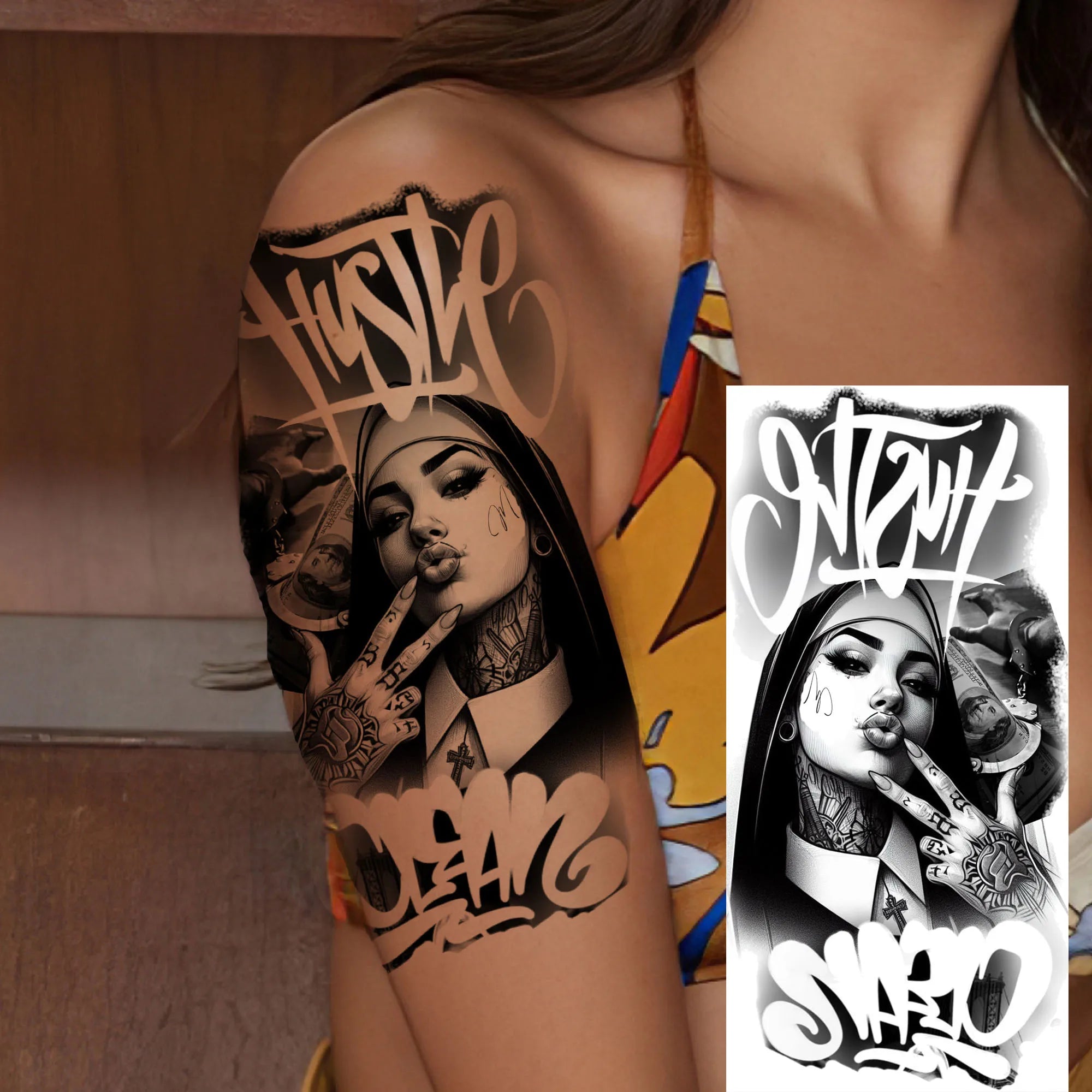 1 Sheet Bad Guy Robber Poker Temporary Tattoos For Men Women Gangster Joker Rebel Waterproof Realistic Fake Tattoo Arm Stickers