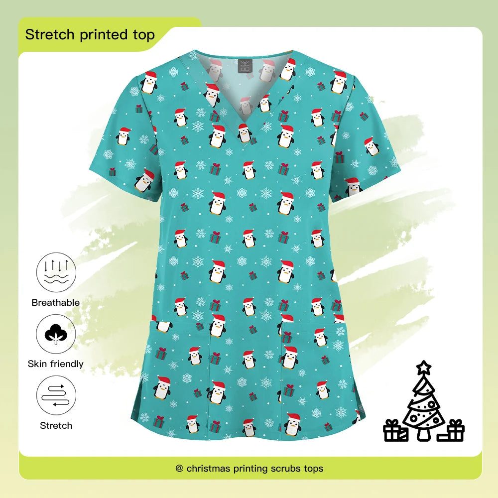 Christmas Print Scrubs Tops Women Short Sleeve V-neck Blouse Nurse Uniforms T-Shirt Medical Working Uniform Veterinary Workwear