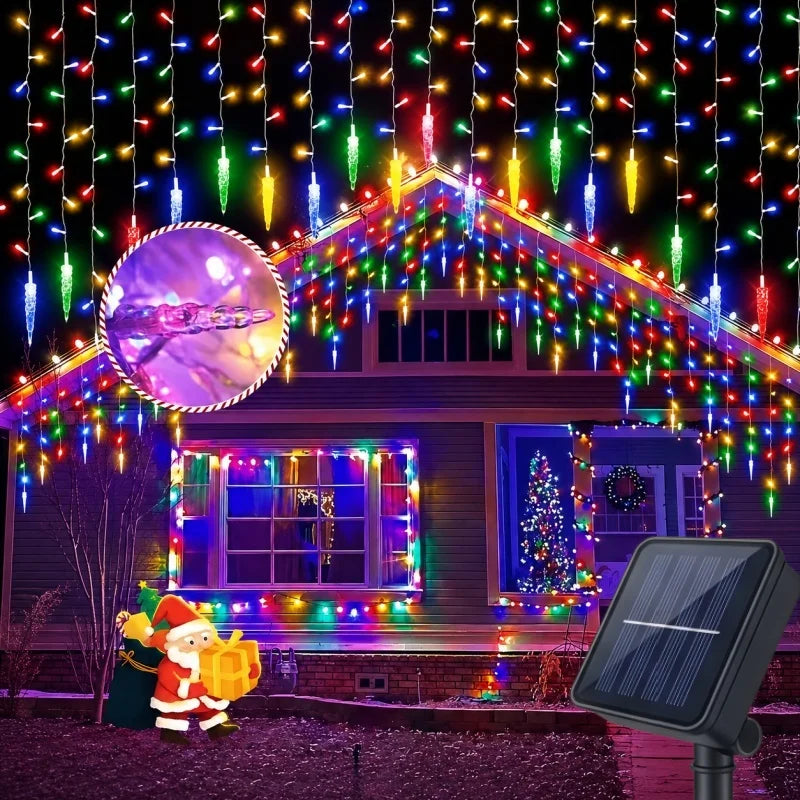 9M 162LEDs Solar Curtain Icicle Light Outdoor Eaves Decor String Lights Garden Party Yard Christmas Decoration Holiday Garlands