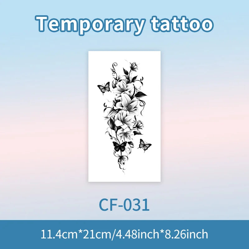 Flower & Butterfly Temporary Tattoo Sticker, Long-lasting and Waterproof, Realistic Fake Tattoos for Women, For Arm, Chest, Leg