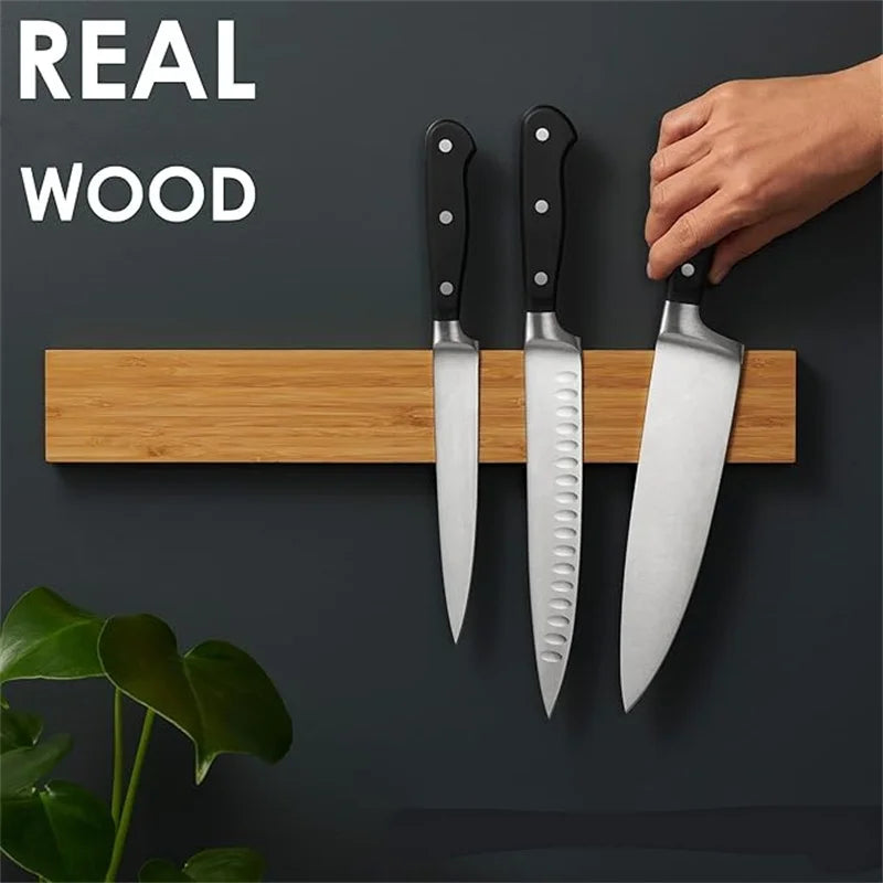16 Inch Magnetic Knife Strip, Acacia Wood Powerful Magnetic Knife Holder for Wall, Wall Mounted Kitchen Knife Bar Rack for Home