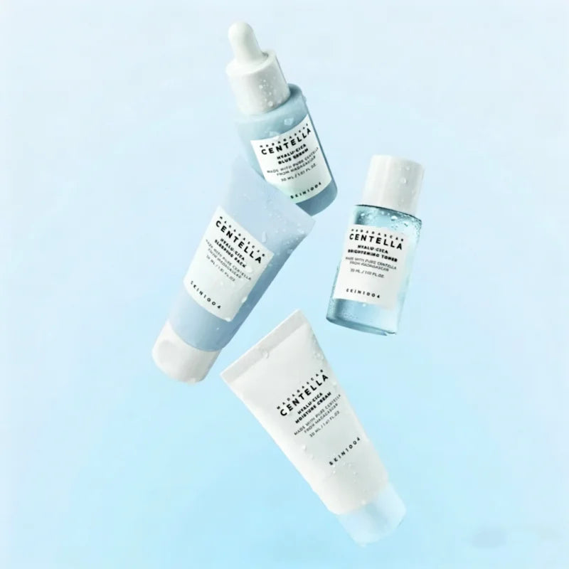 Centella HyaluCica Travel Kit,Brightening Toner, Blue Ampoule Serum,Night Sleeping Pack and Moisturizer Cream Skincare Mini Set