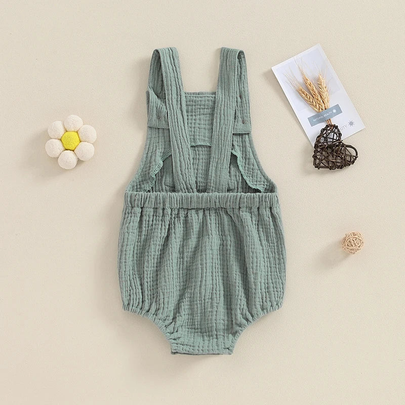 Pudcoco Baby Cotton Linen Suspender Overalls, Solid Color Sleeveless Square Neck Romper Outfit for Boys Girls 0-24M