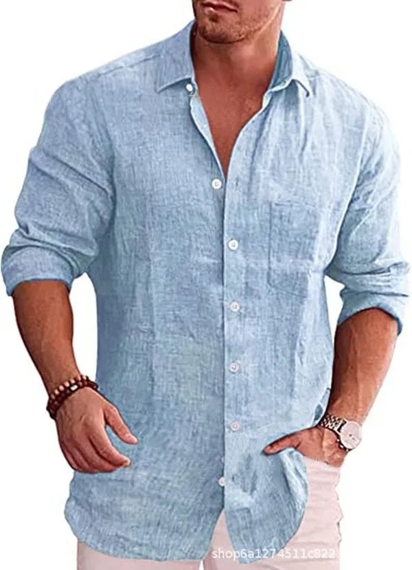 Men's Loose Solid Color Shirt Linen Lapel Long Sleeve Casual