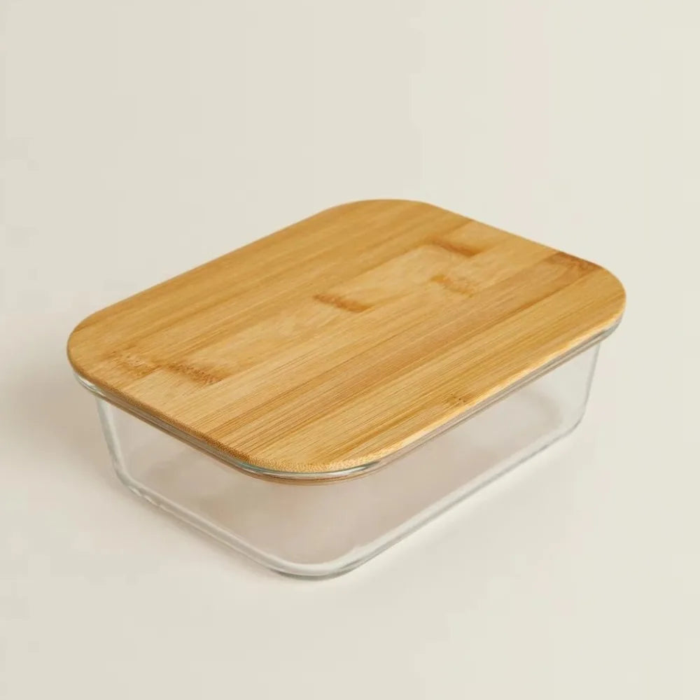 Glass Fresh-Keeping Box Heat-Resistant Bamboo Lid Microwave Oven Lunch Box Leakproof High Borosilicate Office Worker Bento Box