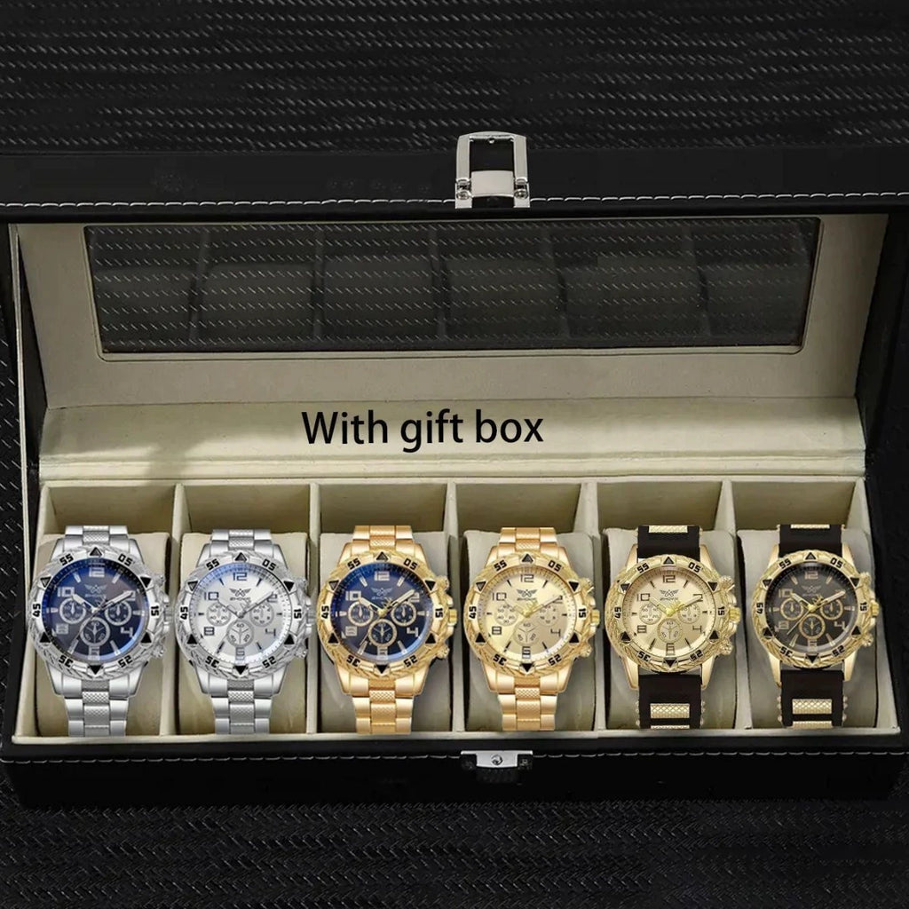 6Pcs/Set Men's Watch Set Fashion Leisure Classic Three Eye Digital Scale Circular Dial Quartz Watch Set Holiday Gift (With gift
