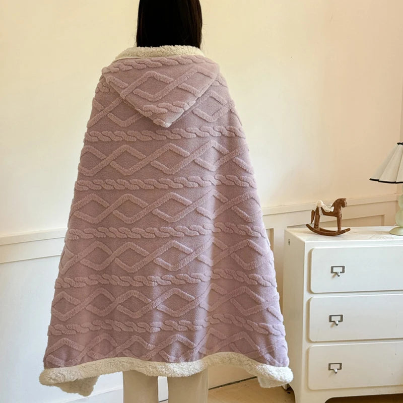 New Taffeta Fleece Hooded Blanket Warm Sherpa Lined Blankets with Giant Pocket Solid Color Skin-Friendly Office Nap Plush Cloak