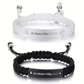 2 Pcs Handmade White Black Braided Rope Bracelet Set Adjustable Stainless Steel Couple Bracelets Valentine's Day Gifts