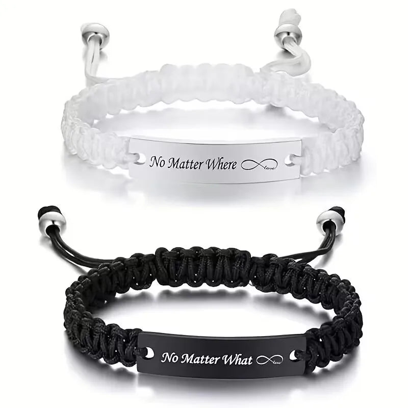 2 Pcs Handmade White Black Braided Rope Bracelet Set Adjustable Stainless Steel Couple Bracelets Valentine's Day Gifts