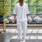 2026 Men Two Piece Sets Fashion Solid Tracksuits Summer Half Sleeve V-neck T-Shirt and Pants Loose Casual Outfit Male Streetwear