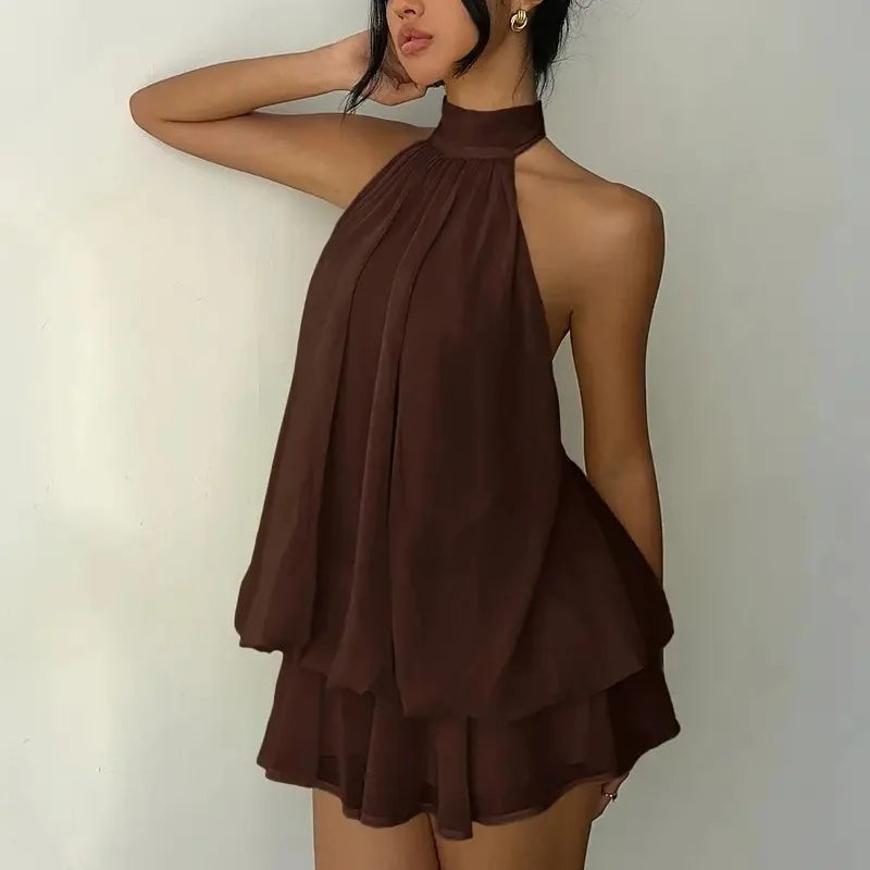 Women's Vacation Slim Fit Dress Sexy Backless Halter Neck Lace-up Versatile Solid Color Dress Stylish Comfortable Summer Vestido