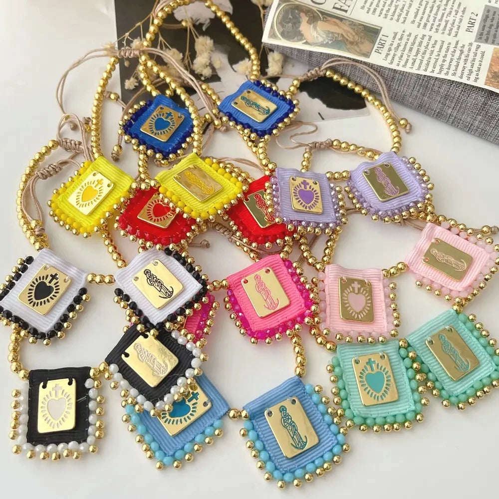 3Pcs 2024 Fashion Gold Plated Handmade Beaded Religious Cross Bracelets Necklaces Fine Jewelry Mary Charm For Women Girls Gift