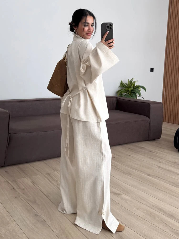 Casual Frog Buttons Linen Two Piece Set Women Lace Up Stand Collar Shirts Wide Leg Pants 2026 Spring Summer Lady Loose Outfits