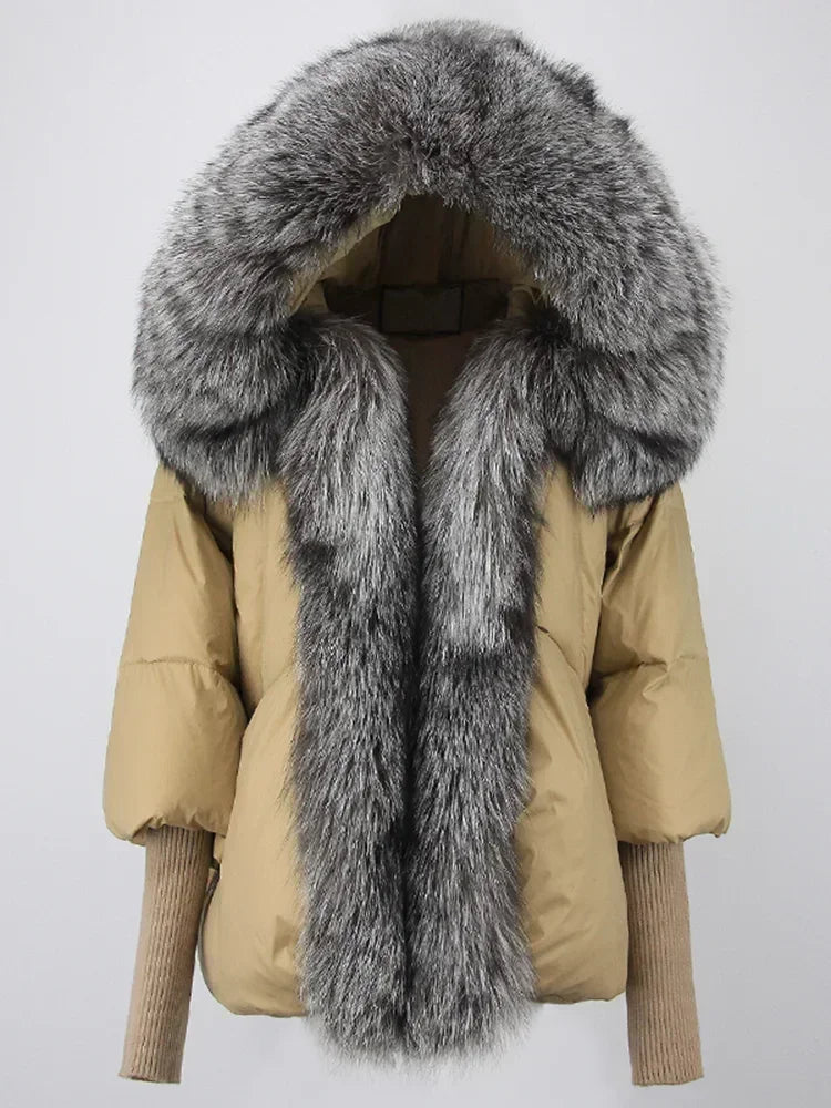 2024 Winter Puffer Jacket Women Real Fox Fur Collar Hooded Natural Thick Warm Loose Oversize Duck Down Coat Streetwear Outerwear
