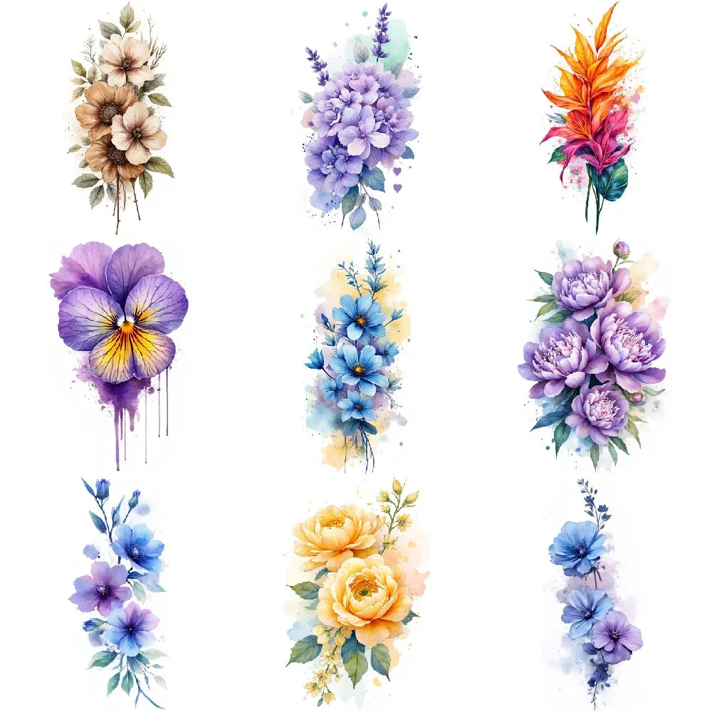 9pcs Colorful Flower Temporary Tattoos Stickers 3D Disposable Body Arm Tatoo Sticker Men Women Waterproof Fake Tatoos