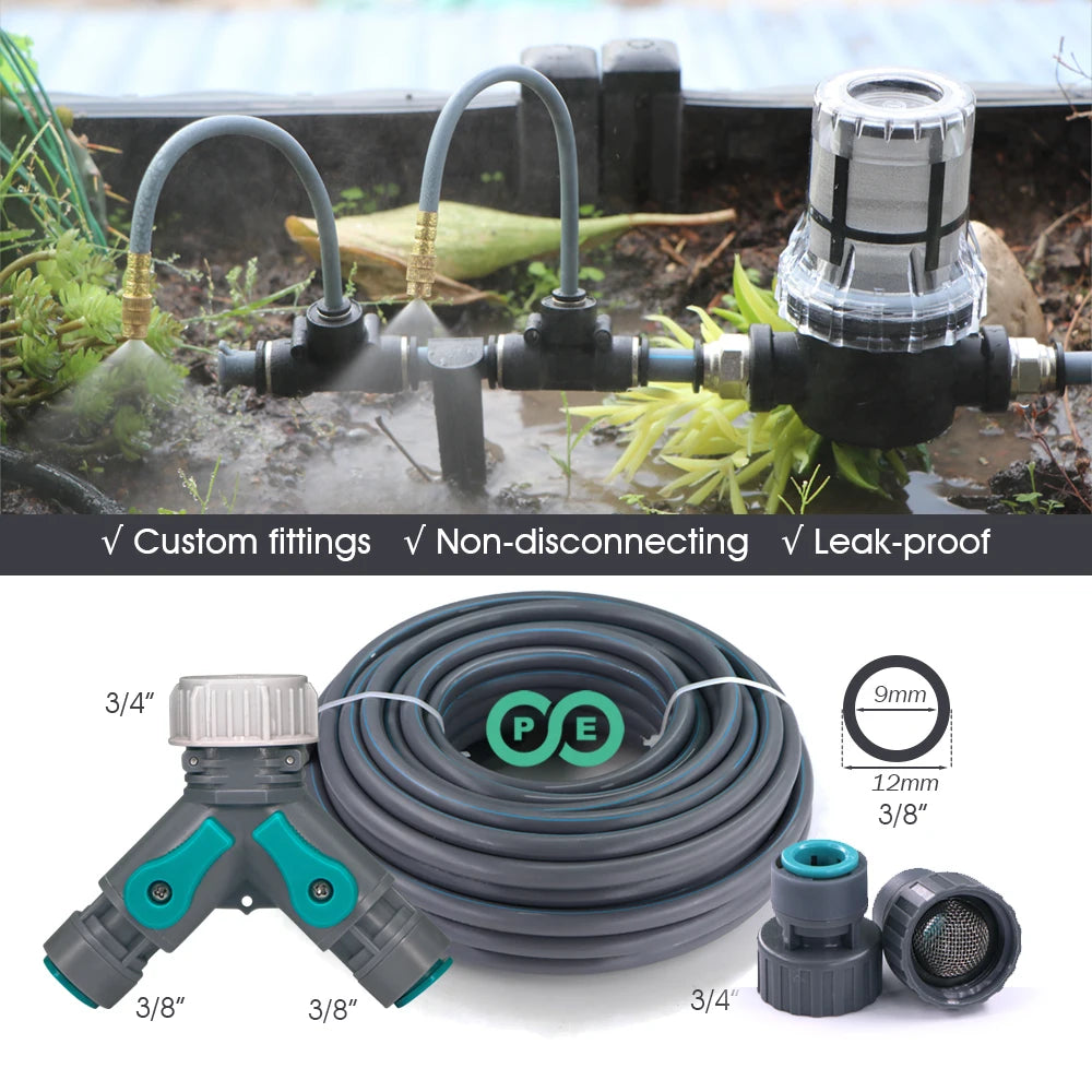 3/8" 9/12mm Misting Cooling System 360° Free-Bend Nozzle Atomizer Sprayer PE Hose 80 Mesh Filter Garden Irrigation Watering Kit