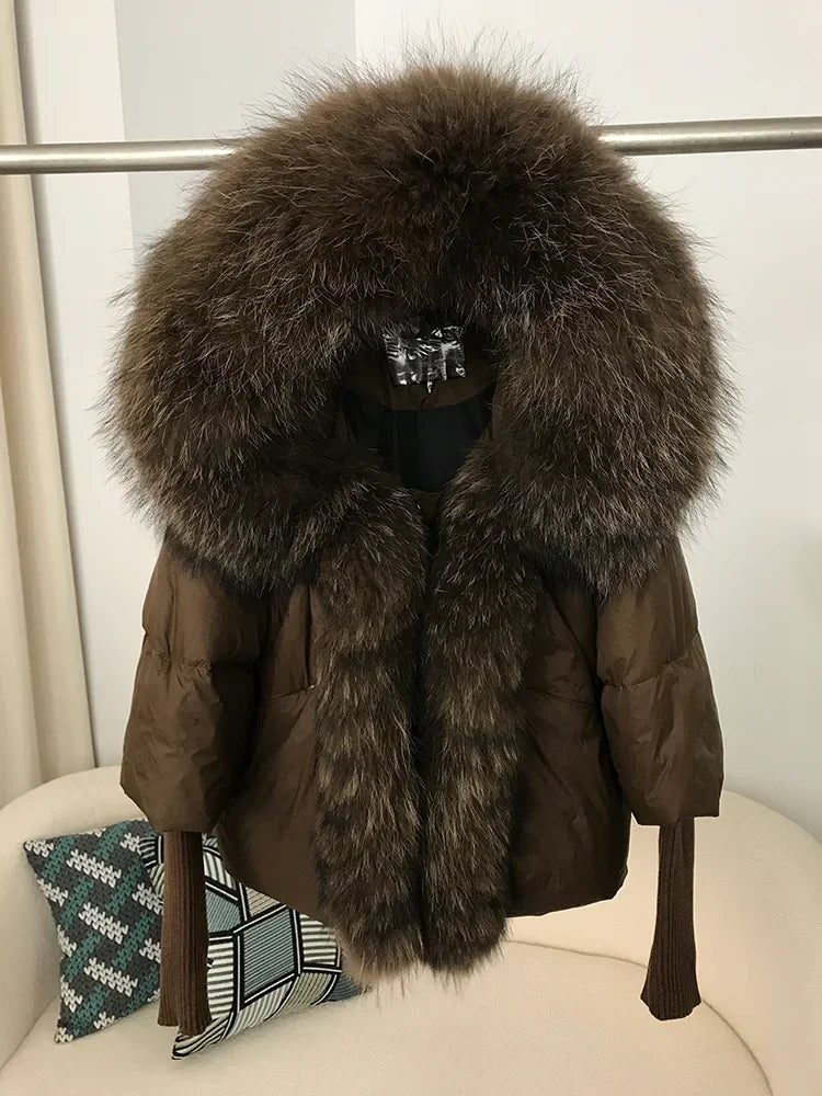 2024 Winter Puffer Jacket Women Real Fox Fur Collar Hooded Natural Thick Warm Loose Oversize Duck Down Coat Streetwear Outerwear