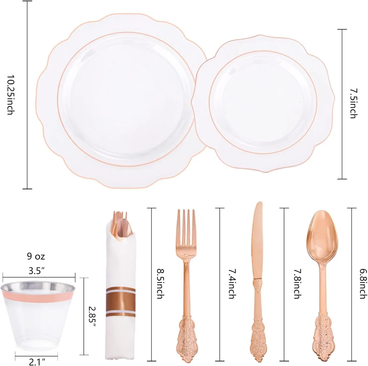 350PCS Rose Gold Plastic Plates - Clear Rose Gold Disposable Dinnerware Set - Include 100 Dinner/Dessert Plates,50 Cups,50 Pre R