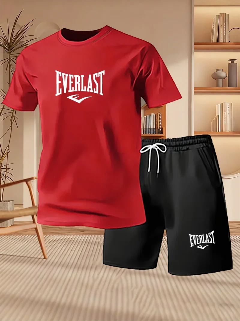 Men's Summer Running Breathable Sportswear, Short Sleeved T-shirt+printed Shorts Two-piece Set, Casual/fitness/home 2-piece Set