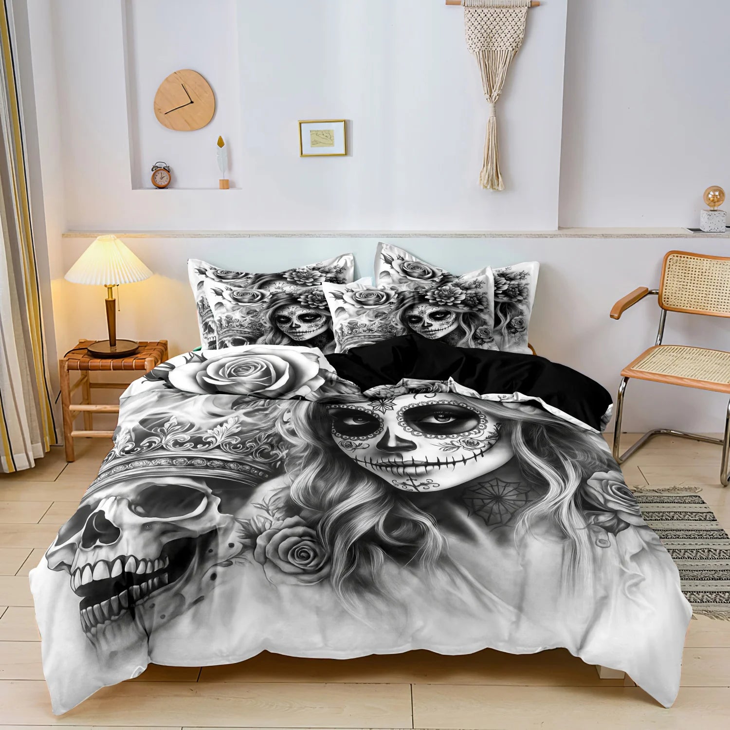 3Pcs Gothic Mexican Sugar Skull Woman Duvet Cover Bedding Set Floral & Skull Patterns - Ideal For Day Of The Dead Celebrations