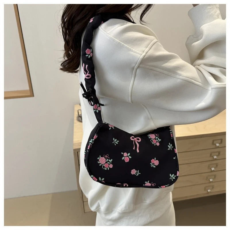 Women's Bags 2025 Summer Nylon Pleated Handbags Armpit Bag Korean Floral Bow Printed Zipper Tote Bag Female Small Shoulder Bags